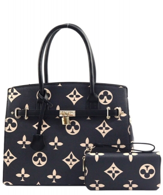 Fashion Faux Leather Geometric Handbag & Wallet DH-6794W  BLACK